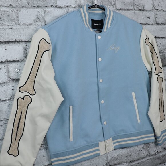 Nova Men Cone Applique Varsity Bomber Button Down Jacket Light Blue Size Xl - Picture 11 of 16